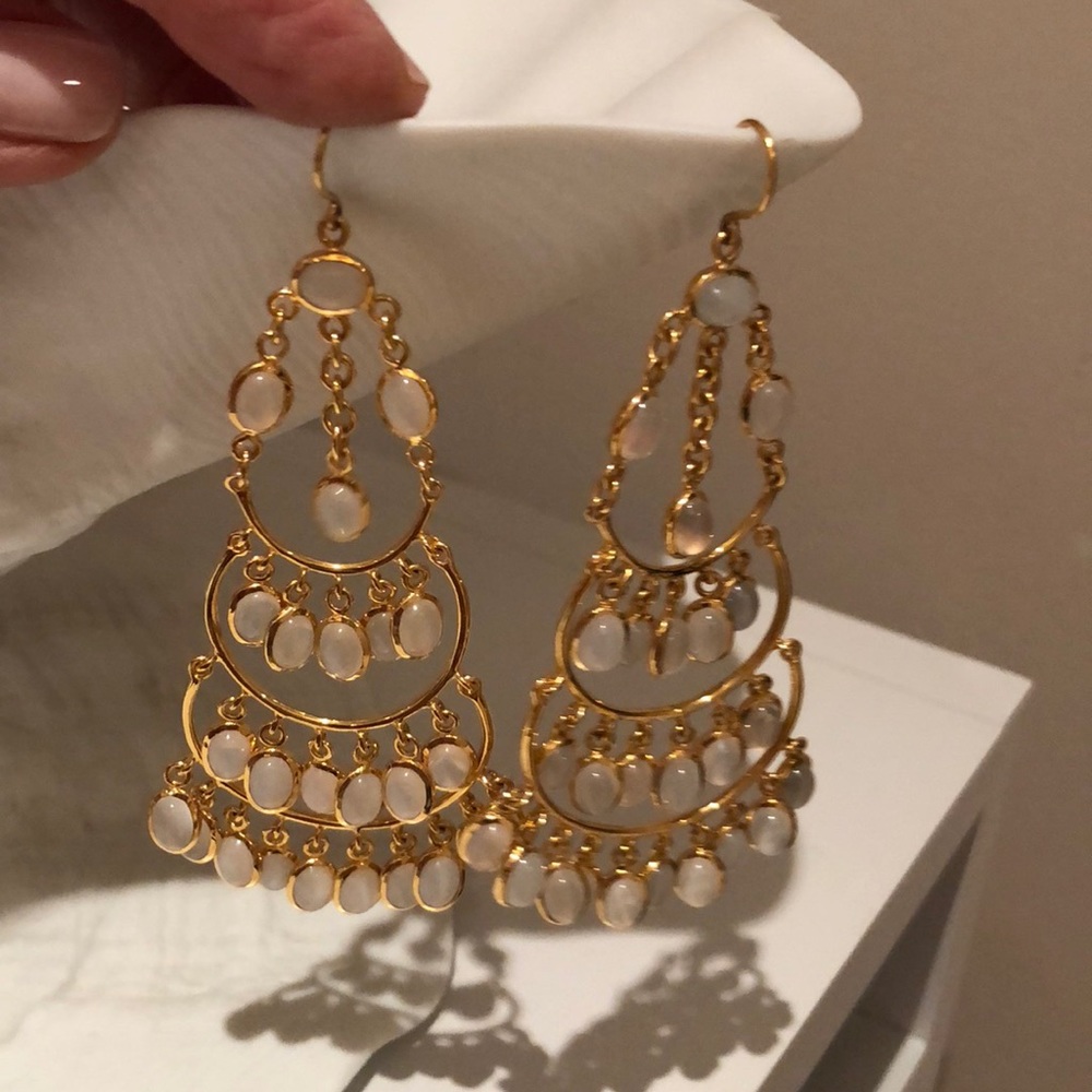 White Stone and Gold Chandelier Earrings